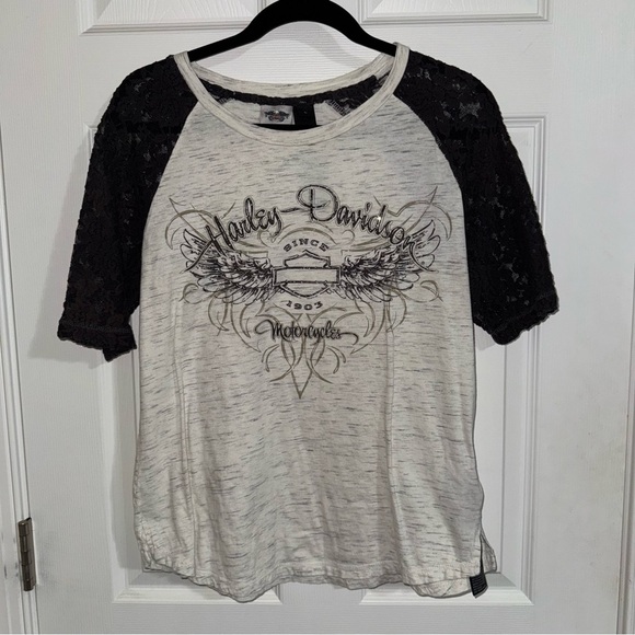 Harley-Davidson Tops - Harley Davidson Womens Grey Black Lace Raglan Graphic T-Shirt Size Large 1903